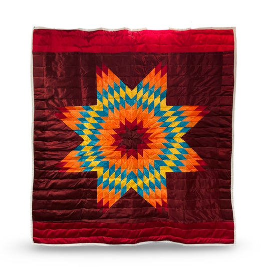 JBE Maroon/Orange Satin Queen Star Quilt