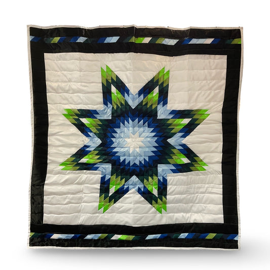 JBE White/Blue/Green Satin Queen Star Quilt